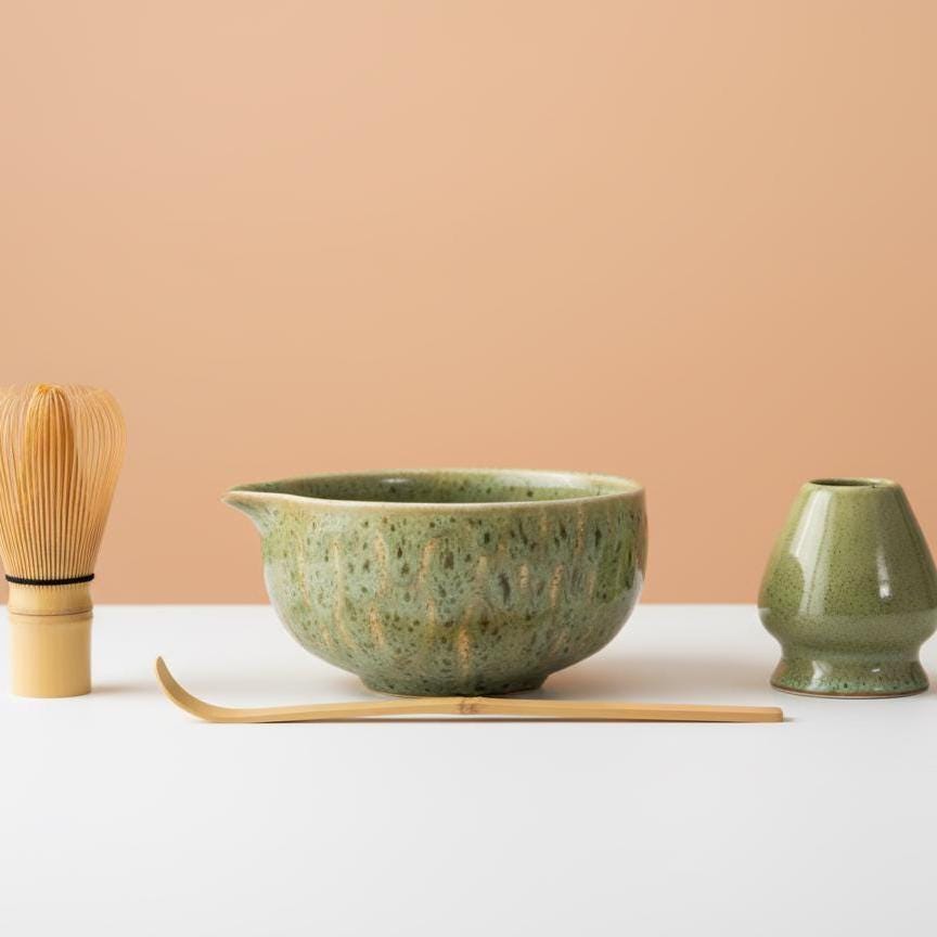 Handmade 4pc Moss Green Matcha Tea Set | Ceramic Bowls, Matcha Bowl 450ml