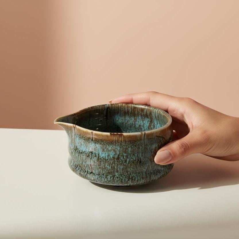 Ceramic Matcha Bowl Set | Teal Speckled Chawan with Bamboo Whisk, Scoop, Holder, Strainer