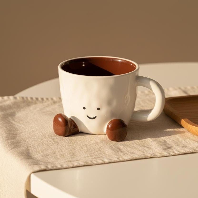 Smiley Face Ceramic Mug with Dangling Feet • Cozy Coffee Cup