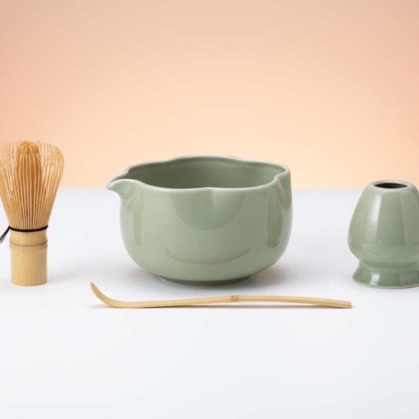 Sage Green Lotus Matcha Set • Ceramic Bowl, Bamboo Whisk, Scoop, Strainer