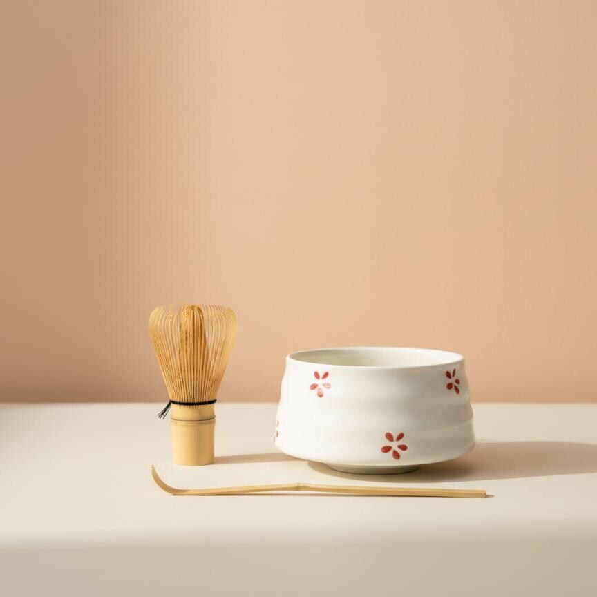 Handmade 4pc White Floral Matcha Tea Set | Ceramic Bowls, Matcha Bowl 450ml