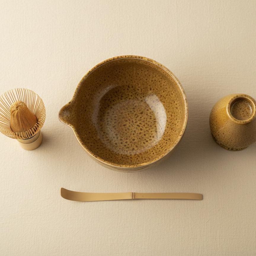Handmade 4pc Honey Amber Matcha Tea Set | Ceramic Bowls, Matcha Bowl 450ml