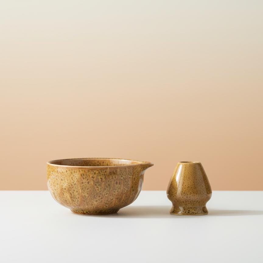 Handmade 4pc Honey Amber Matcha Tea Set | Ceramic Bowls, Matcha Bowl 450ml