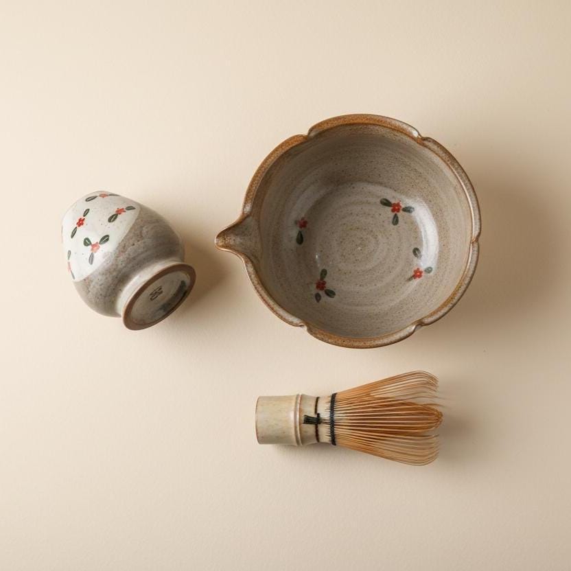 Hand Painted Floral Matcha Set • 6 Piece Ceramic Tea Bowl with Whisk, Scoop, Strainer