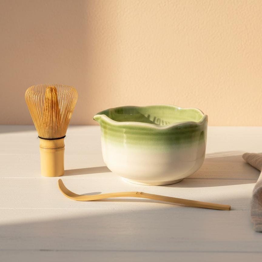 Handmade 4pc Green Matcha Tea Set | Ceramic Bowls, Matcha Bowl 450ml