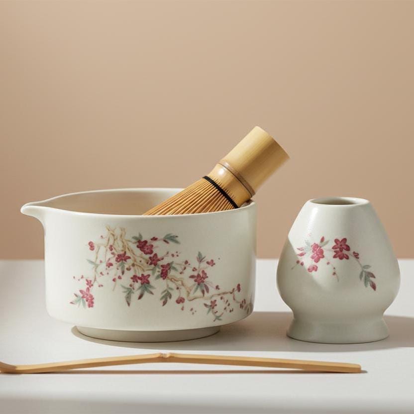 Handmade 4pc White Floral Matcha Tea Set | Ceramic Bowls, Matcha Bowl 450ml