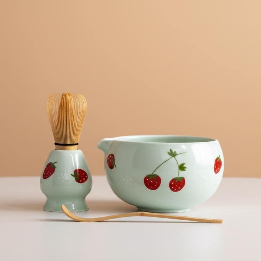 Ceramic Matcha Bowl Kit, Strawberry Hand-Painted Sage Green Tea Set