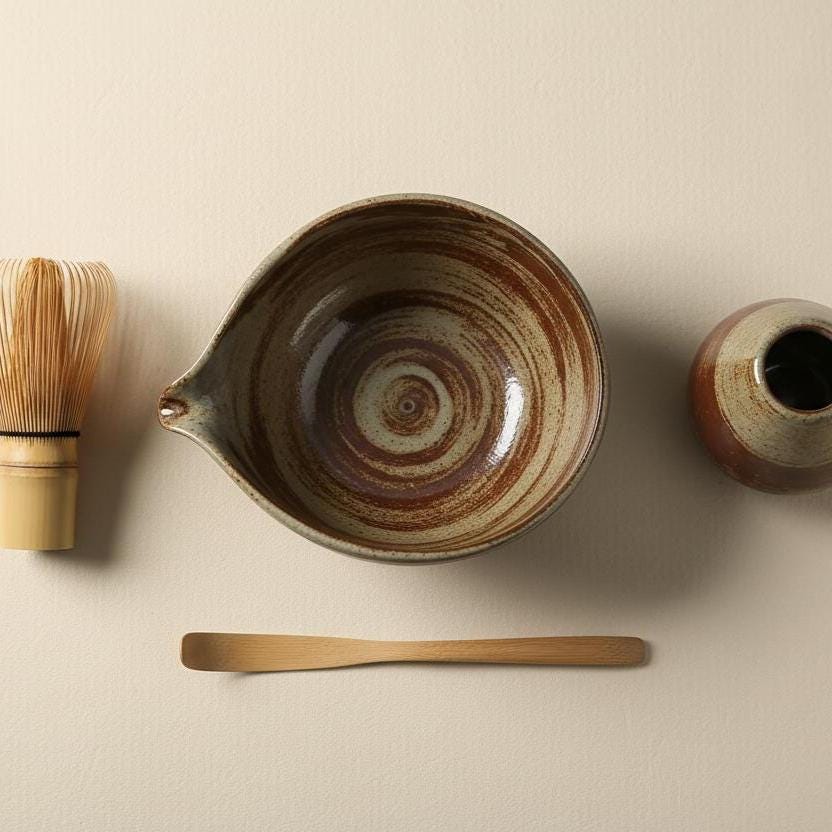 Handmade 4pc Rustic Light Brown Matcha Tea Set | Ceramic Bowls, Matcha Bowl 450ml