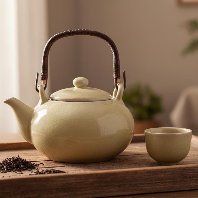 Ceramic Teapot with Rattan Handle, Japanese Loose Leaf Kettle, 900ml Tea Pot
