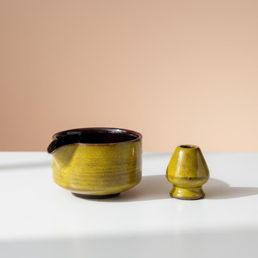 Handmade 4pc Rustic Yellow Matcha Tea Set | Ceramic Bowl, Matcha Bowls 450ml
