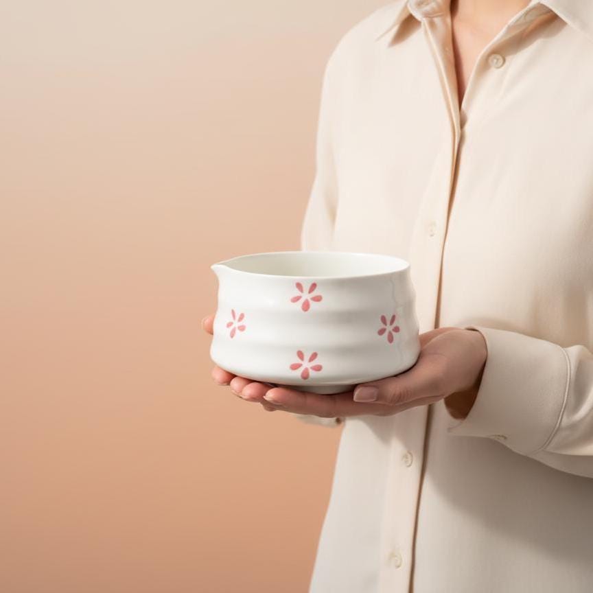 Handmade 4pc White Floral Matcha Tea Set | Ceramic Bowls, Matcha Bowl 450ml