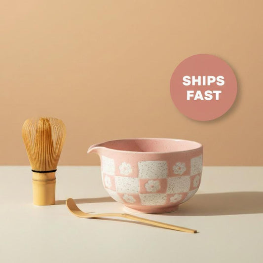 Handmade 4pc Pink Checkered Matcha Tea Set | Ceramic Bowls, Matcha Bowl 450ml