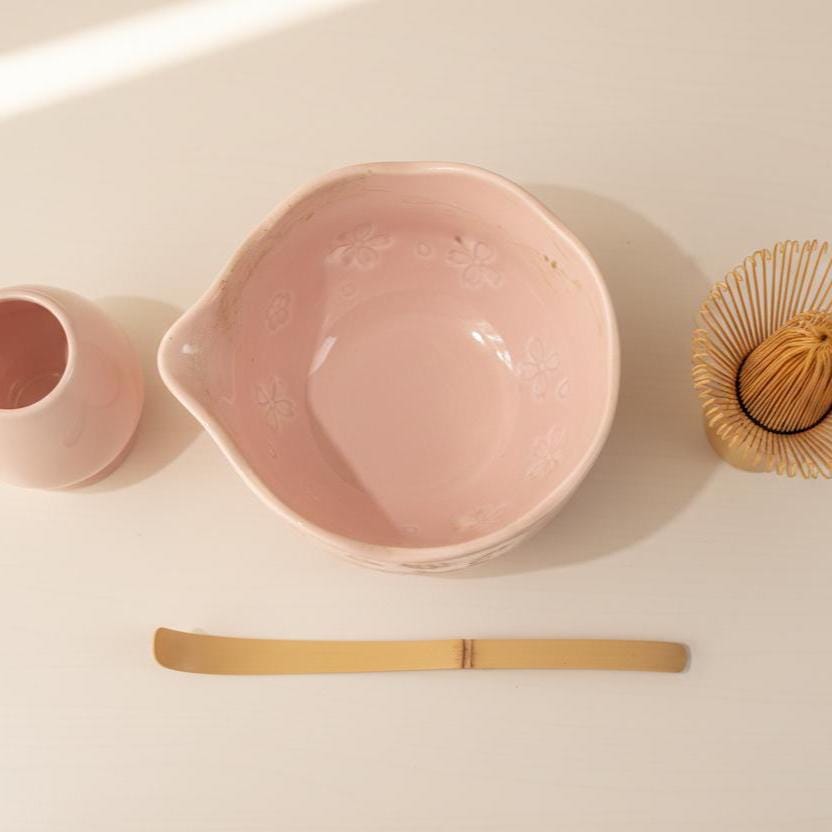 Handmade 4pc Pink Floral Matcha Tea Set | Ceramic Bowls, Matcha Bowl 450ml