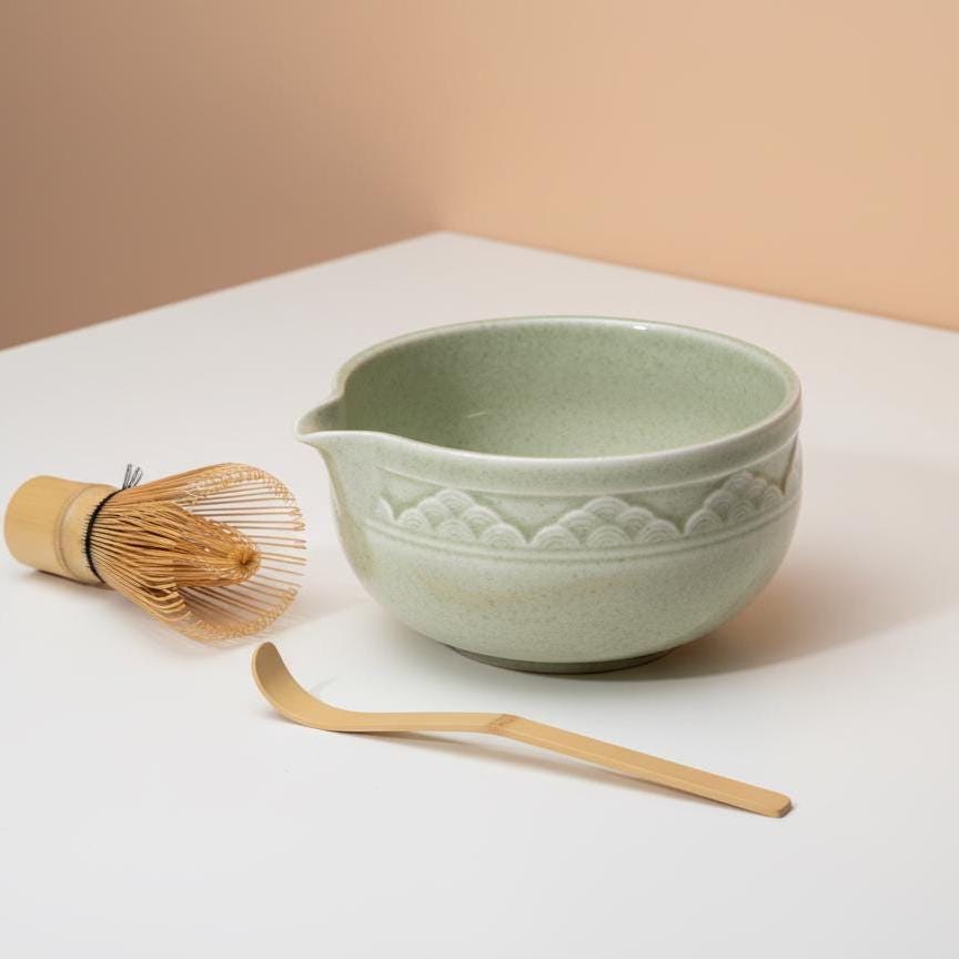 Handmade 4pc Light Green Cloud Matcha Tea Set | Ceramic Bowls, Matcha Bowl 450ml