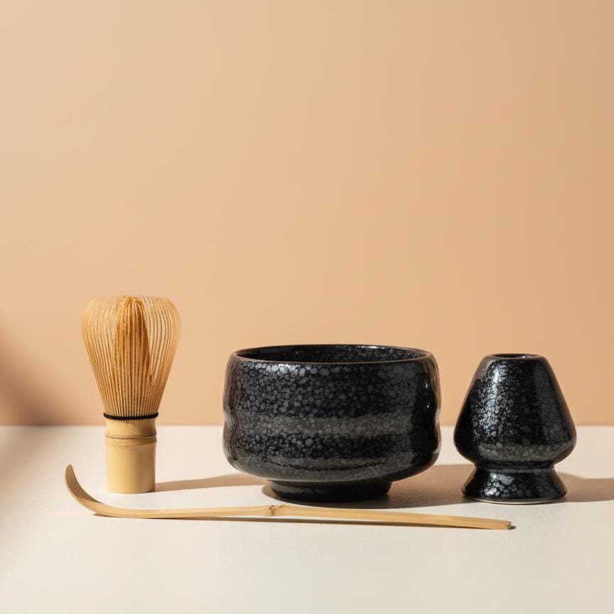 Handmade 4pc Black Funky Matcha Tea Set | Ceramic Bowls, Matcha Bowl 450ml