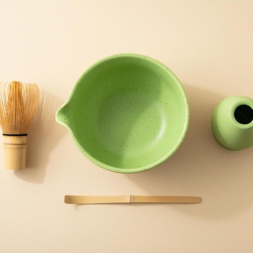 Handmade 4pc Green Checkered Matcha Tea Set | Ceramic Bowls, Matcha Bowl 450ml