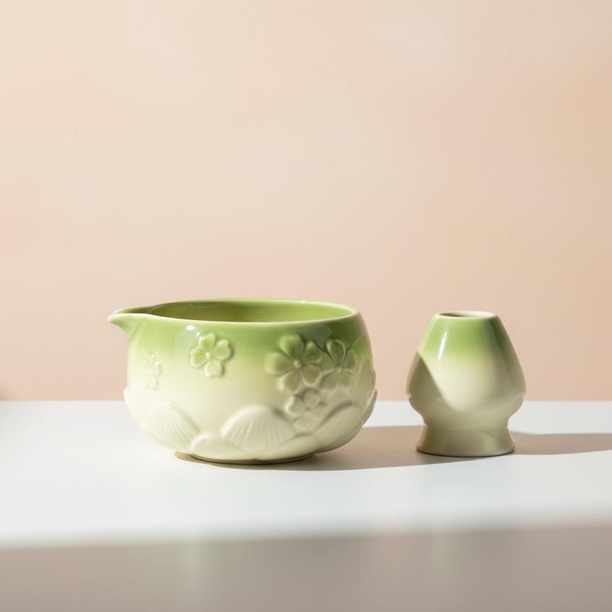 Handmade 4pc Green Bow Matcha Tea Set | Ceramic Bowls, Matcha Bowl 450ml