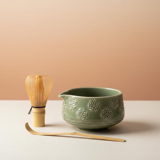 Handmade 4pc Green Flake Matcha Tea Set | Ceramic Bowls, Matcha Bowl 450ml