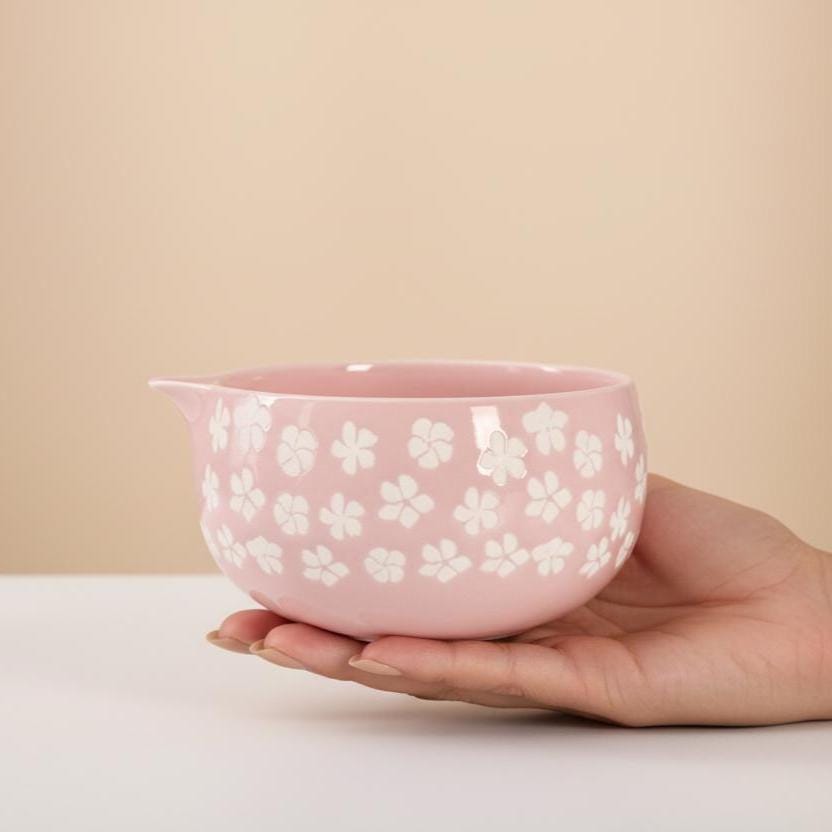 Pink Cherry Blossom Matcha Set, 6 Piece Japanese Tea Ceremony Bowl Kit