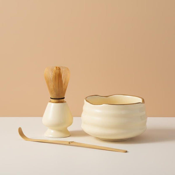 Cream Ceramic Matcha Set with Gold Rim | Chawan Bowl, Whisk, Scoop Kit
