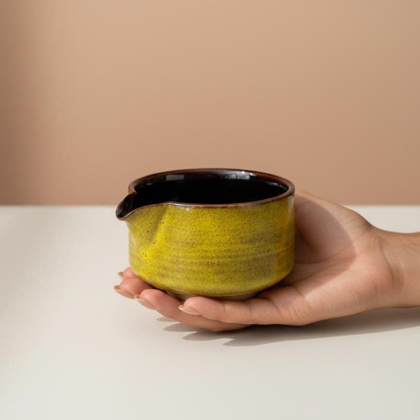 Handmade 4pc Rustic Yellow Matcha Tea Set | Ceramic Bowl, Matcha Bowls 450ml