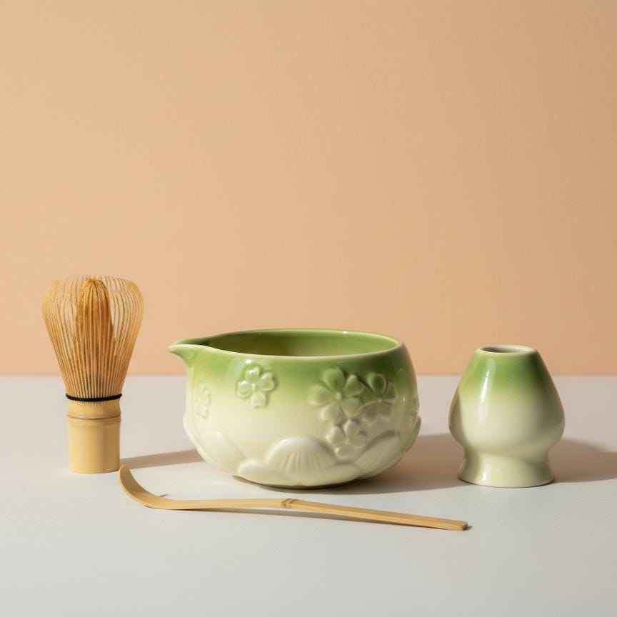 Handmade 4pc Green Bow Matcha Tea Set | Ceramic Bowls, Matcha Bowl 450ml