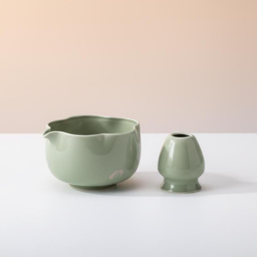 Sage Green Lotus Matcha Set • Ceramic Bowl, Bamboo Whisk, Scoop, Strainer