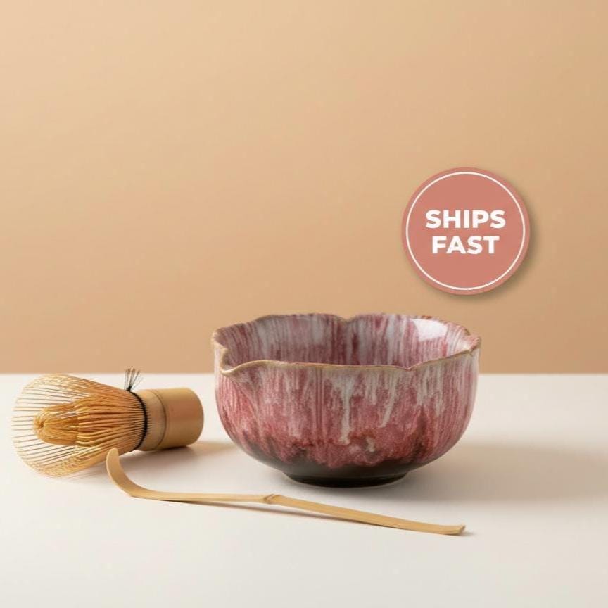 Handmade 4pc Pink Funky Matcha Tea Set | Ceramic Bowls, Matcha Bowl 450ml