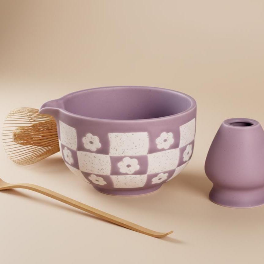 Purple 4pc Checkered Matcha Tea Set | Ceramic Bowls, Matcha Bowl 450ml