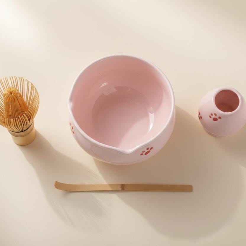 Pink Cat Paw Matcha Set | Ceramic Bowl, Whisk, Scoop, Holder