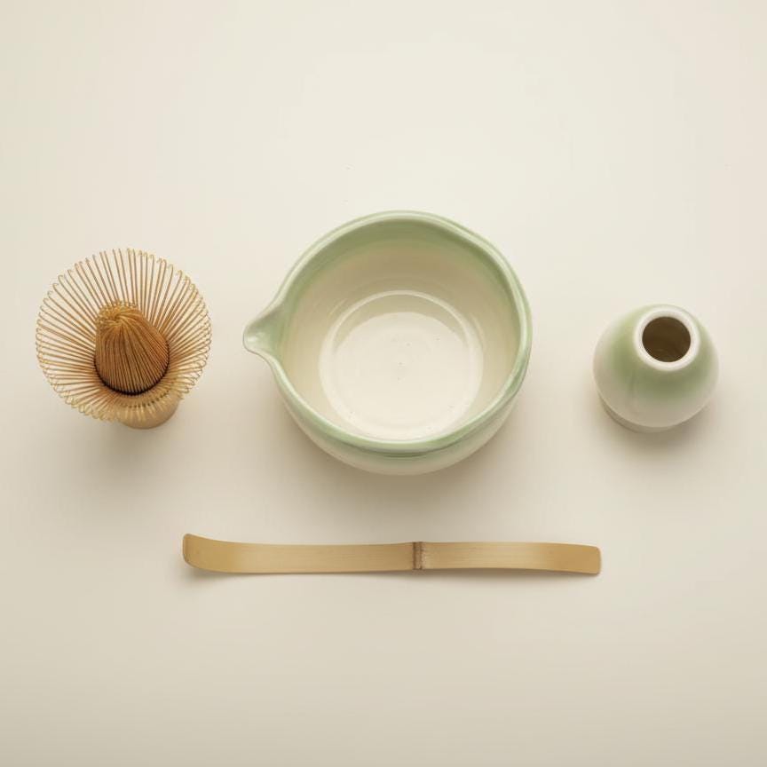 Handmade 4pc Green Matcha Tea Set | Ceramic Bowls, Matcha Bowl 450ml