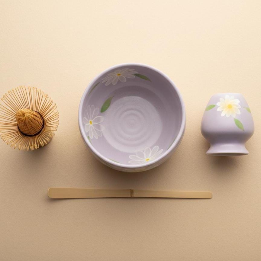 Handmade 4pc Lavender Matcha Tea Set | Ceramic Bowl, Matcha Bowls 450ml