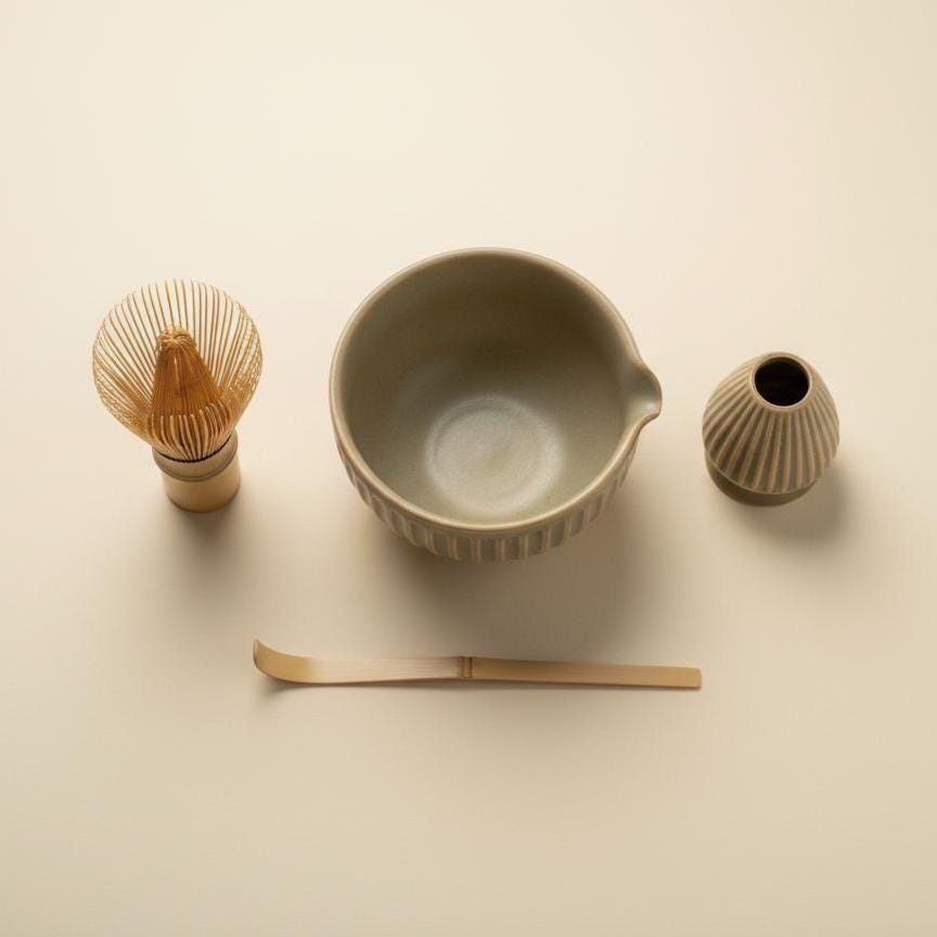 Handmade 4pc Beige Matcha Tea Set | Ceramic Bowls, Matcha Bowl 450ml