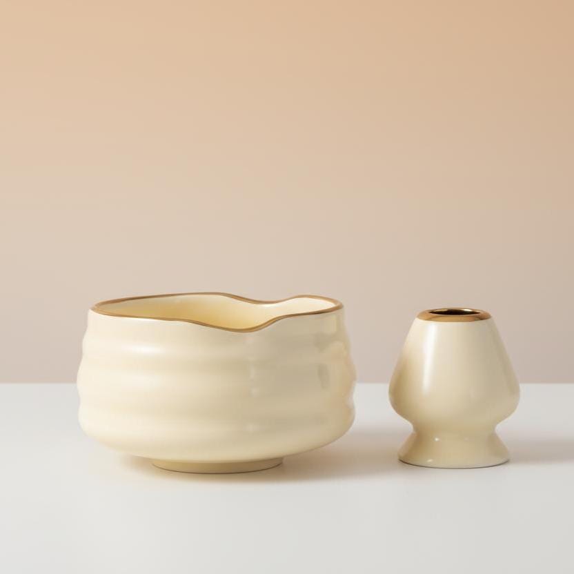 Cream Ceramic Matcha Set with Gold Rim | Chawan Bowl, Whisk, Scoop Kit