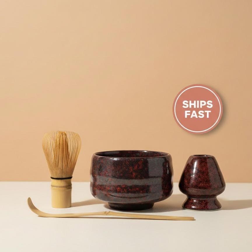 Handmade 4pc Rustic Dark Red Matcha Tea Set | Ceramic Bowl, Matcha Bowls 450ml