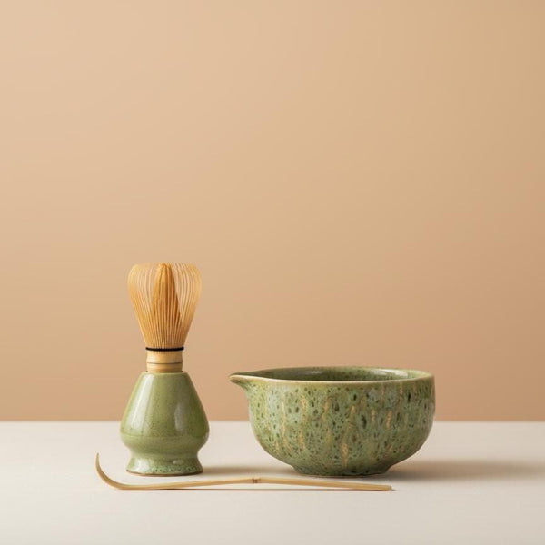 Handmade 4pc Moss Green Matcha Tea Set | Ceramic Bowls, Matcha Bowl 450ml