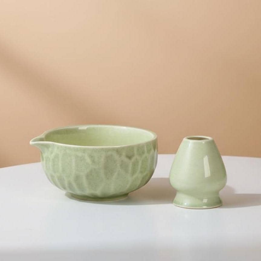 Sage Green Ceramic Matcha Bowl Set, Japanese Tea Whisk Holder, Bamboo Scoop