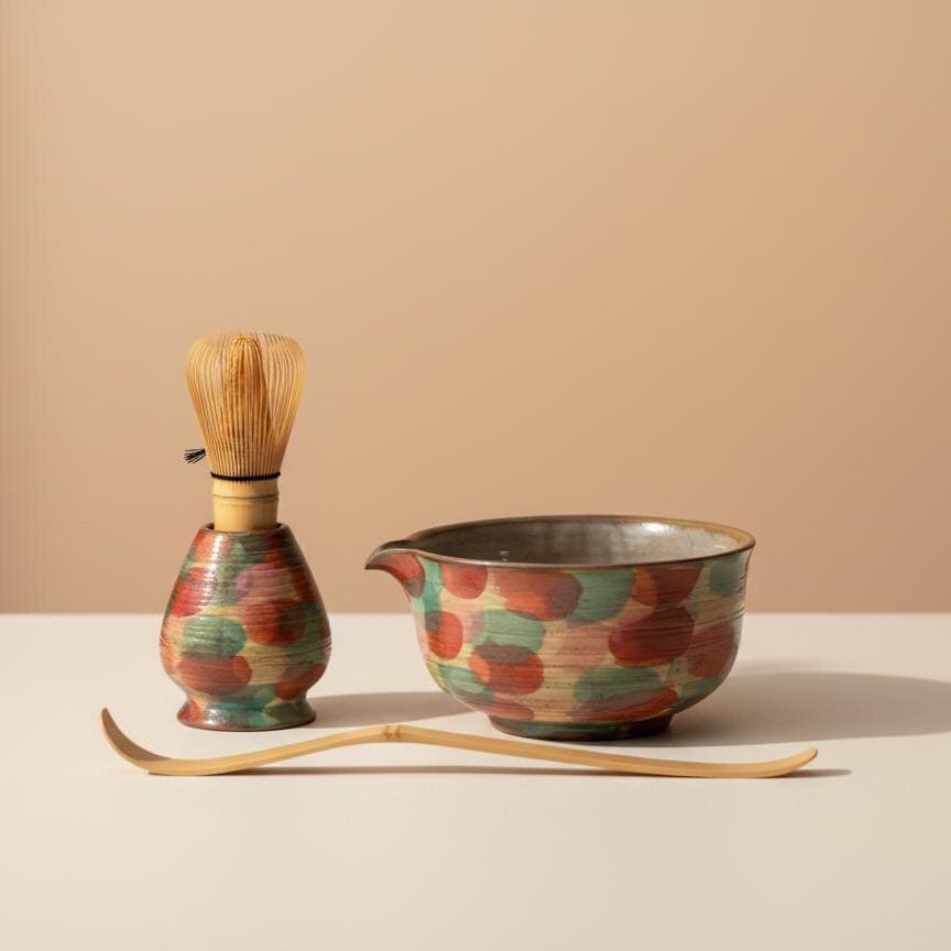 Handmade 4pc Colorful Matcha Tea Set | Ceramic Bowl, Matcha Bowls 450ml