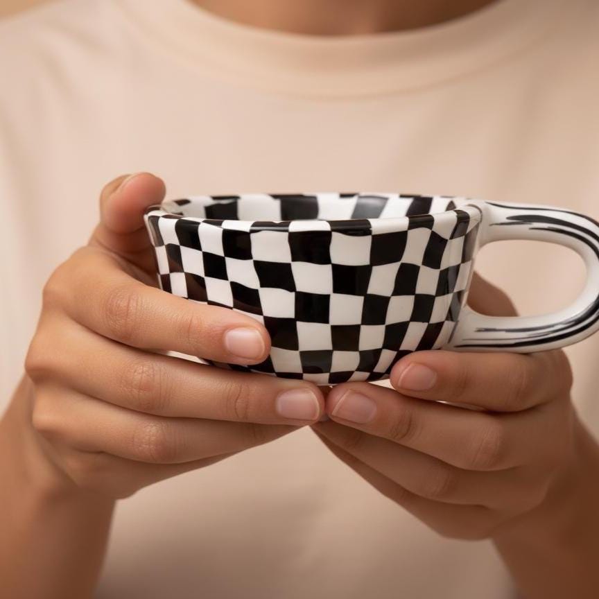 Checkerboard Ceramic Mug, Bold Retro Coffee Cup, Oversized Handle, 12 oz Capacity
