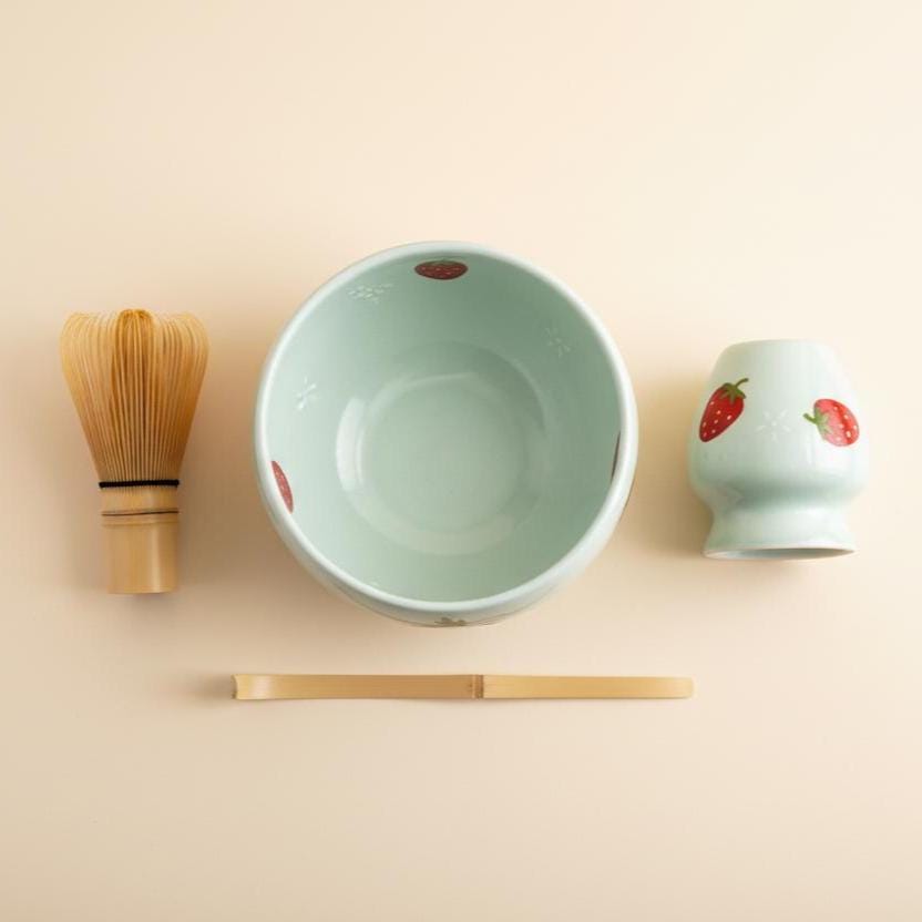 Ceramic Matcha Bowl Kit, Strawberry Hand-Painted Sage Green Tea Set
