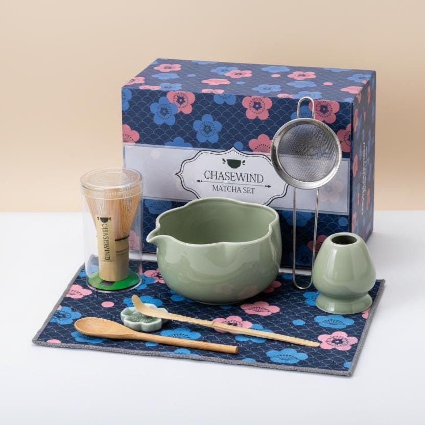 Sage Green Lotus Matcha Set • Ceramic Bowl, Bamboo Whisk, Scoop, Strainer