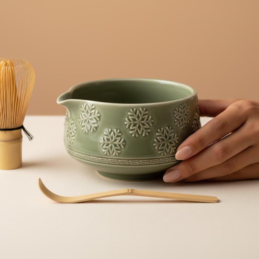 Handmade 4pc Green Flake Matcha Tea Set | Ceramic Bowls, Matcha Bowl 450ml