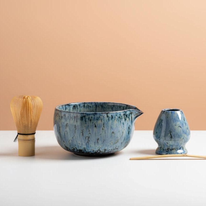 Handmade 4pc Rustic Blue Match Tea Set | Ceramic Bowls, Matcha Bowl 450ml