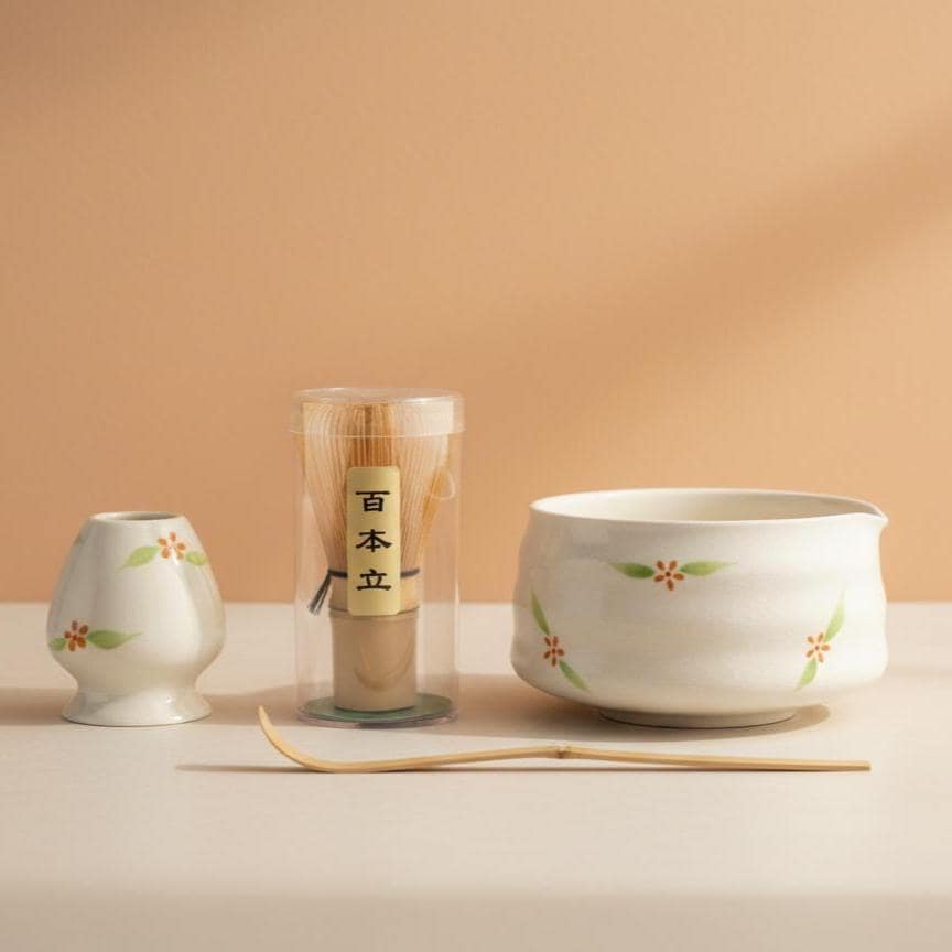 Handmade 4pc White Floral Matcha Tea Set | Ceramic Bowl, Matcha Bowls 450ml