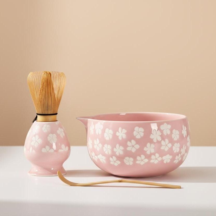 Pink Cherry Blossom Matcha Set, 6 Piece Japanese Tea Ceremony Bowl Kit