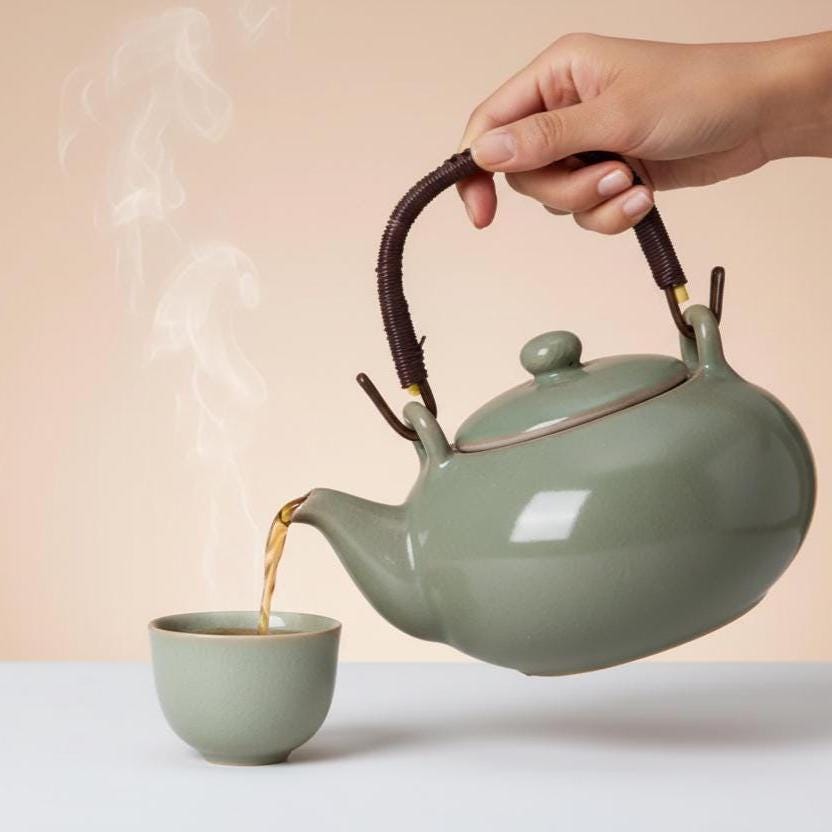 Ceramic Teapot with Rattan Handle, Japanese Loose Leaf Kettle, 900ml Tea Pot
