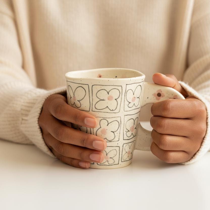 Floral Grid Ceramic Mug • Hand-Drawn Flower Outline Tea Cup (12 oz)