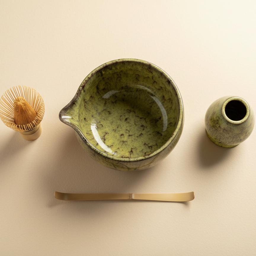 Handmade 4pc Moss Glaze Matcha Tea Set | Ceramic Bowls, Matcha Bowl 450ml