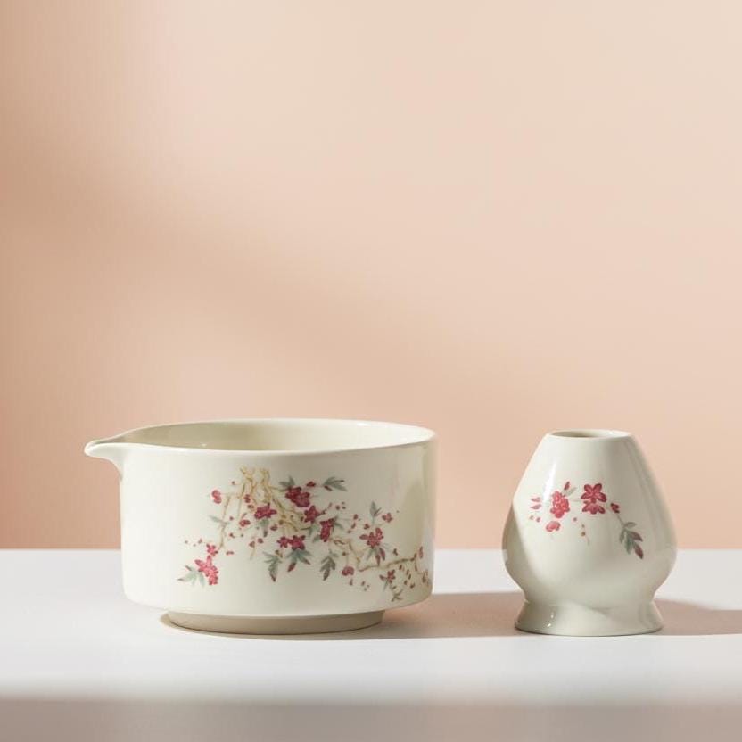 Handmade 4pc White Floral Matcha Tea Set | Ceramic Bowls, Matcha Bowl 450ml