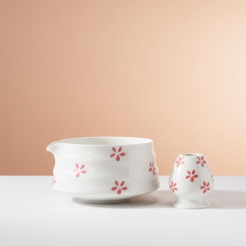 Handmade 4pc White Floral Matcha Tea Set | Ceramic Bowls, Matcha Bowl 450ml
